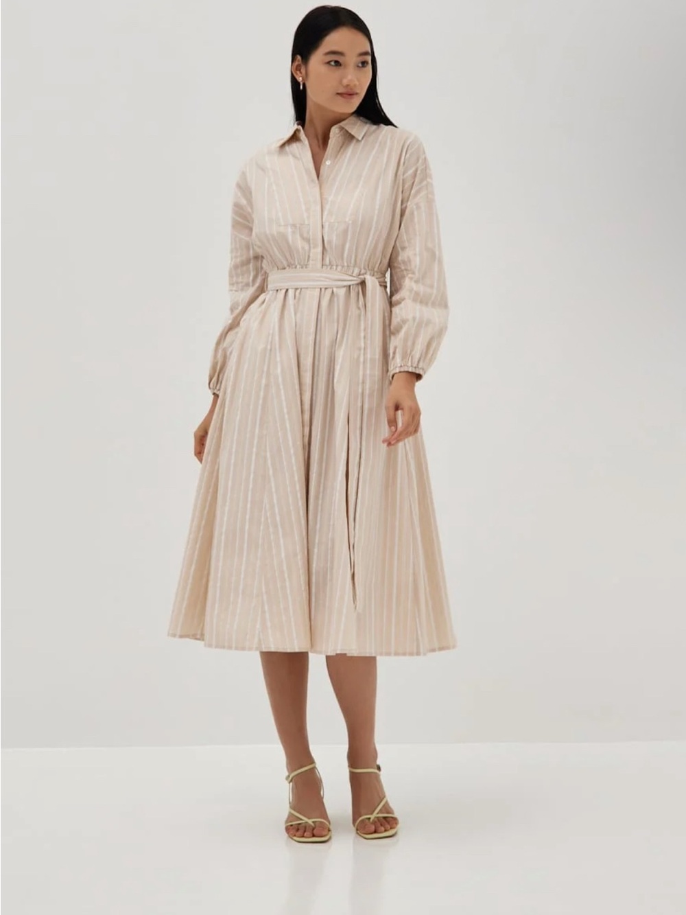 Striped Beige Tie-Waist Midi Shirt Dress